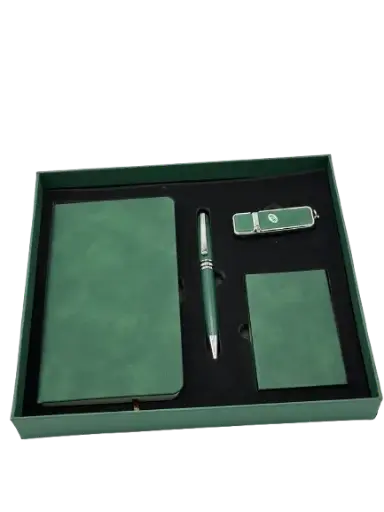 [49026-V] Coffret Notebook Golden 4 Pieces avec Notebook Stylo Port Carte Visite Flash Disque 8G Vert