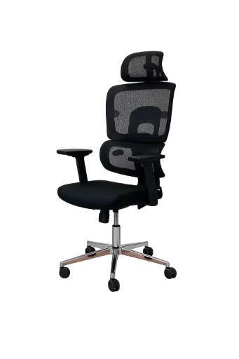 [OP-FORMA-3D-N] Chaise Directionnelle Filet avec Accoudoirs en Plastique Noir et Repose Tête Piétement Métallique Chromé 