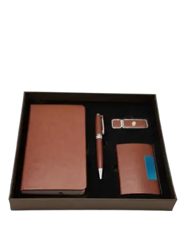 [49026-M] Coffret Notebook Golden 4 Pieces avec Notebook Stylo Port Carte Visite Flash Disque 8G Marron