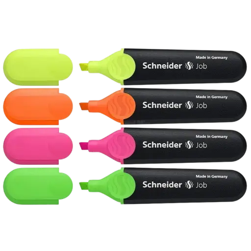 [1500] Marqueur Fluorescent SCHNEIDER Job en Biseau Jaune Orange Rose Vert Jeu de 04