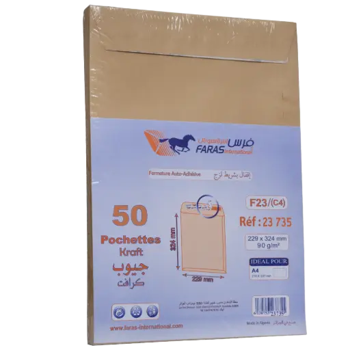 [23735] Pochette de 50 Enveloppes FARAS F23 A4 Kraft Auto Adhésives 