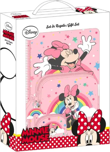 [312112588] Coffret Cadeau SAFTA Disney Minnie Mouse Rainbow Small Rose 3 Pièces Carnet à Spiral Et 2 Trousses Motif Minnie Mouse Rainbow En Polyester Rose