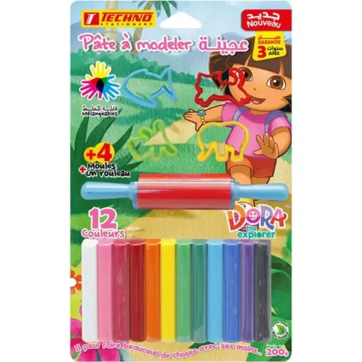 [4395] Pâte à Modeler TECHNO de 12 Couleurs avec 4 Moules et Rouleau sous Blister