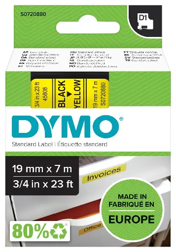 [45808] Recharge DYMO D1 19mm x 7m Noir Sur Jaune    