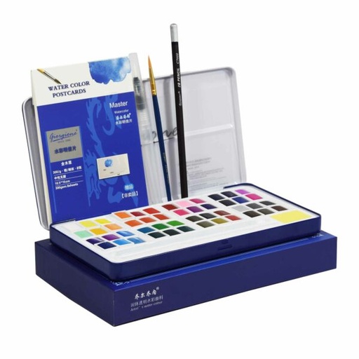 [46032] Aquarelle De 48 Couleurs GOLDEN Giorgione En Boite Métallique 1 Pinceau En Bois 1 Pinceau Rechargeable 1 Crayon Noir Coffret Métallique De Luxe