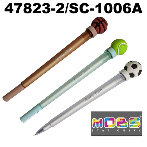 [47823-2/SC-1006A] Stylo Fantaisie MOBS Gyro en plastique, tête forme Ballon Foot, Basket, Tennis, 0.5mm Bleu