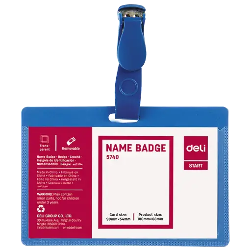 [5740] Porte Badge DELI Horizontal 54x90mm en Plastique Bleu avec Clips 