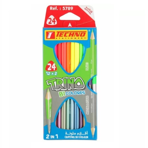 [5789] Crayons De Couleur TECHNO Trino Double Tête Métallisées Fluos Boite De 24