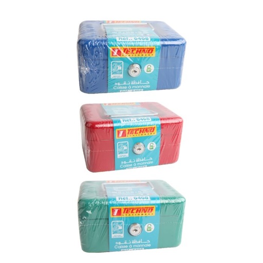 [6468] Caisse à Monnaie TECHNO Métallique à Clé 03 Compartiments Multi-Couleurs