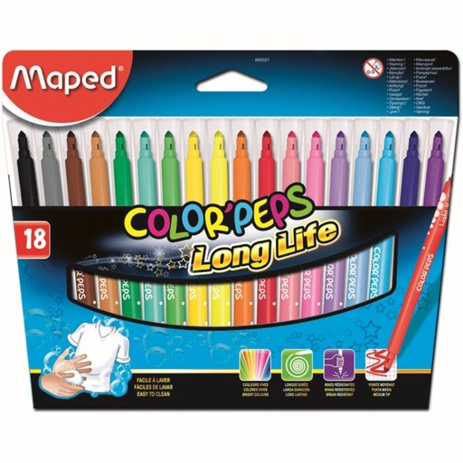 [845021] Feutre MAPED Color'Peps Long Life Multi-Couleurs Boite de 18