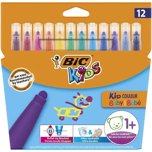 [902080] Feutre De Coloriage BIC KIDS Boule Bloquée Ultra Lavable Boite de 12 Couleurs