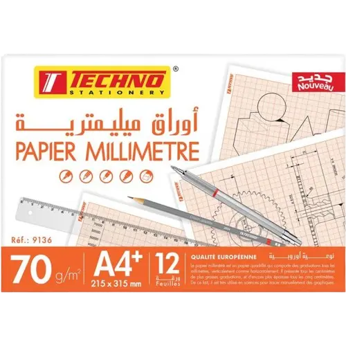 [9136] Papier Millimétrique TECHNO A4 Pochette de 12 Feuilles