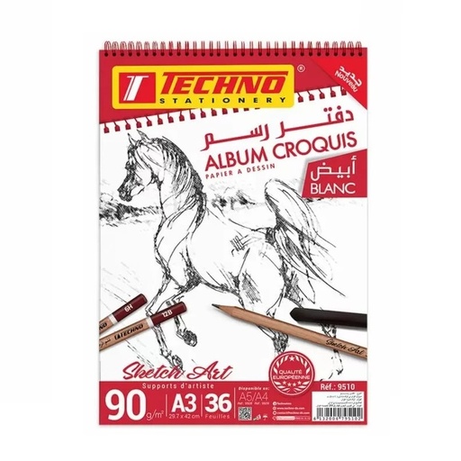[9510] Bloc De Dessin TECHNO Album Croquis A3 90g/m² 36 Feuilles