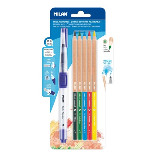 [BWM10401] Blister Pinceau M Synthétique Rond 4mm à Réservoir D’eau Rechargeable de 8 ml Water Brush MILAN et 5 Crayons Aquarelles 3.5mm