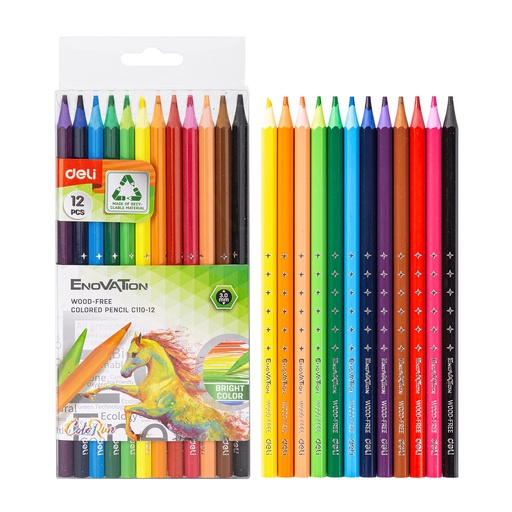 [C110-12] Crayons De Couleur DELI Enovation Wood Free Pochette De 12