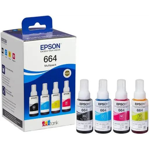 [C13T66464A] Pack de 4 Bouteilles D'encre EPSON 664 Couleur CMYN Pour Imprimantes L110 L130 L210 L220 L300 L365 L1300 