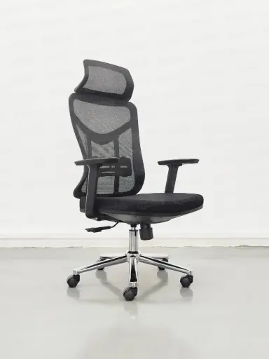 [OP-ARIA] Chaise Directionnelle Filet Avec Accoudoirs En Plastique à Hauteur Réglable Noir Et Repose Tête Piétement Métallique Chromé