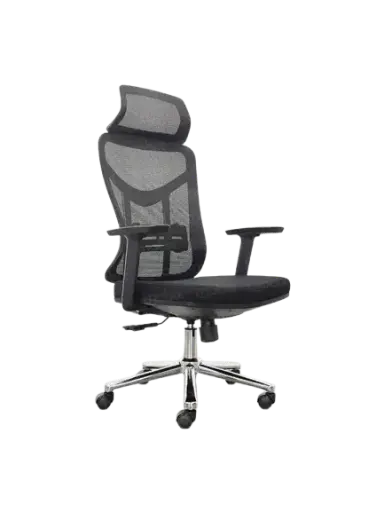 [OP-ARIA] Chaise Directionnelle Filet avec Accoudoirs en Plastique à Hauteur Réglable Noir et Repose Tête Piétement Métallique Chromé