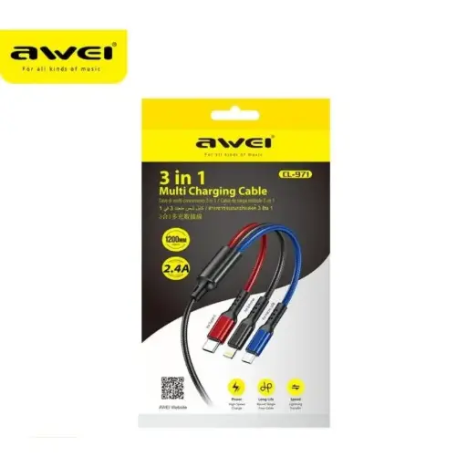 [CL-971] Câble Data AWEI CL-971 3en1 2.4A Micro USB iPhone Type-C Noir