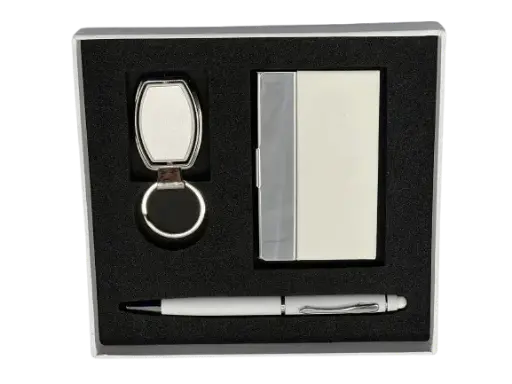 [COF3-EMOTION-B] Coffret RIDEX Emotion de 3 Pièces Stylo-stylet Porte Carte Visite En Métal Porte Clé Chromé Blanc