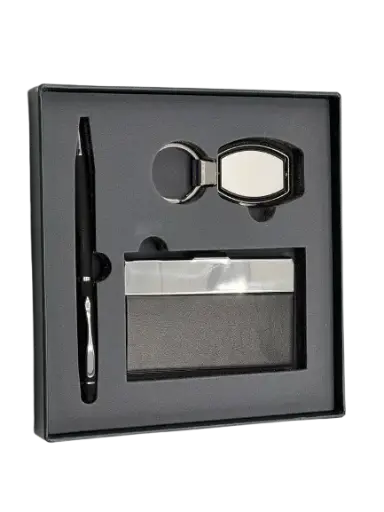 [COF3-EMOTION-N] Coffret RIDEX Emotion 3 pièces Stylo-stylet Porte Carte Visite en Simili Cuir Porte Clé Chromé Noir