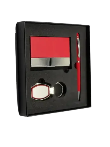 [COF3-EMOTION-R] Coffret RIDEX Emotion 3 pièces Stylo Stylet Porte Carte Visite En Simili Cuir Porte Clé Chromé Rouge