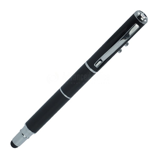 [DW-372] Stylo 4 en 1 (stylo à bille + stylet + pointeur laser+ lampe LED) Noir à Clips chromé