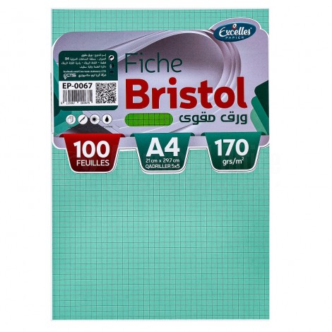 [EP-0067] Fiche Bristol EXCELLES Quadrille A4 170g/m² Vert Paquet de 100 Feuilles