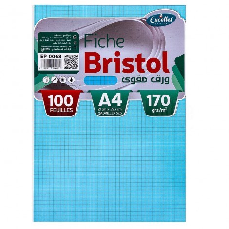 [EP-0068] Fiches Bristol EXCELLES Quadrille A4 170g/m² Bleu Paquet de 100 Feuilles