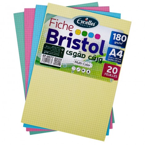 [EP-0077] Fiche Bristol EXCELLES Quadrille A4 170 g/m² Multi-Couleurs Paquet de 20 Feuilles