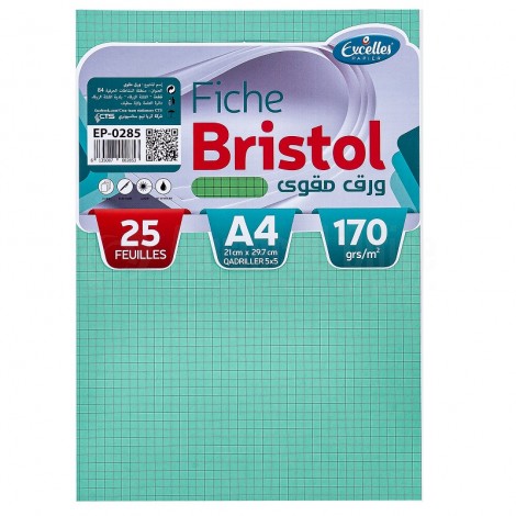 [EP-0285] Fiche Bristol EXCELLES Quadrille A4 170 g/m² Vert Paquet de 25 Feuilles