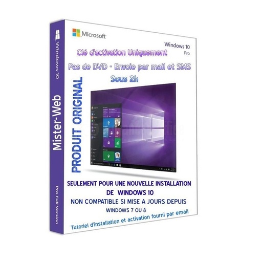 [LIC-W10PRO-FR] Clé Licence Microsoft Windows 10 Pro 64Bits Français d'un an pour 1 postes