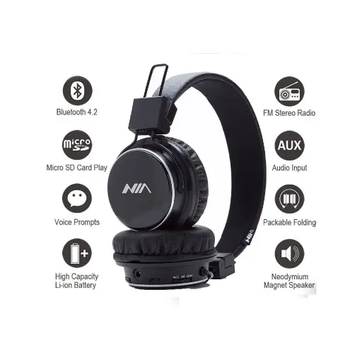 [NIA-Q1/N] Casque Sans Fil NIA Q1 Bluetooth v4.2 App Stéréo Mains Libres Entrée Audio AUX Rechargeable Via MicroUSB Ajustable Pliable Noir