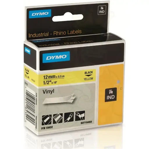 [S0718450] Recharge DYMO 18432 Rhino Vinyle 12mmX5.5m Noir/Jaune pour 3M PL100 PL200 PL300 Tyco T107M