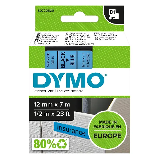 [S0720560] Recharge DYMO D1 45016 pour Label Manger 100+/150 12mm x 7m Noir Sur Bleu