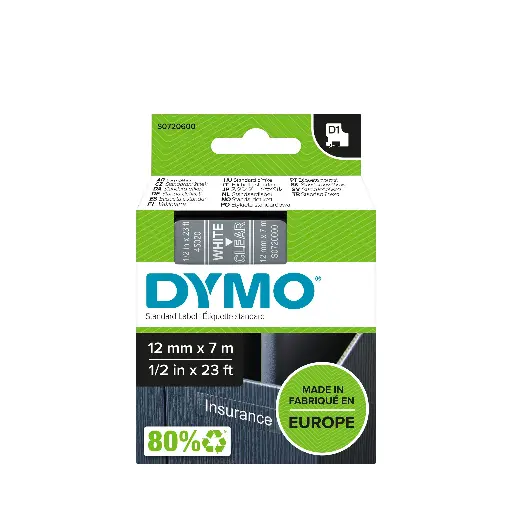 [S0720600] Recharge DYMO D1 45020 pour Label Manger 100+/150 Blanc Sur Transparent  12 mm x 7m