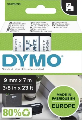 [S0720690] Recharge DYMO D1 40914 pour Label Manager 100+/150 9mm x 7m Bleu Sur Blanc
