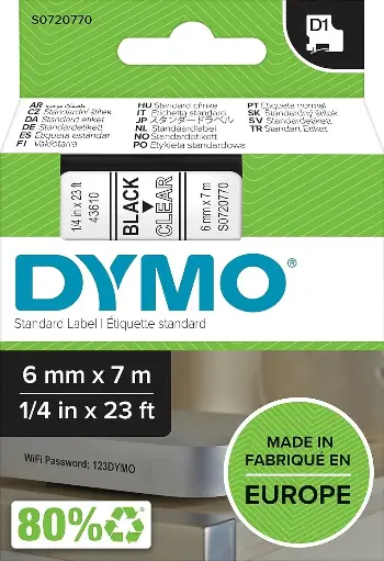 [S0720780/S0720770] Recharge DYMO D1 6mmx7m Noir Sur Transparent